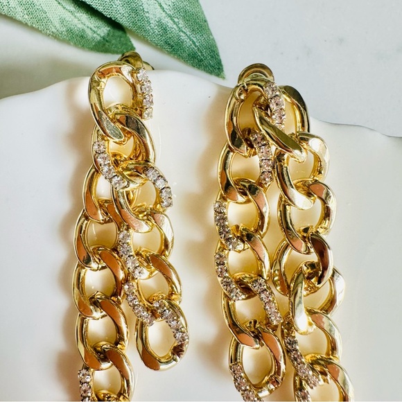 2/$30🌵 Double Gold Chain Earrings Rhinestone Dangle Punk Grunge Jewelry NEW - Picture 11 of 15